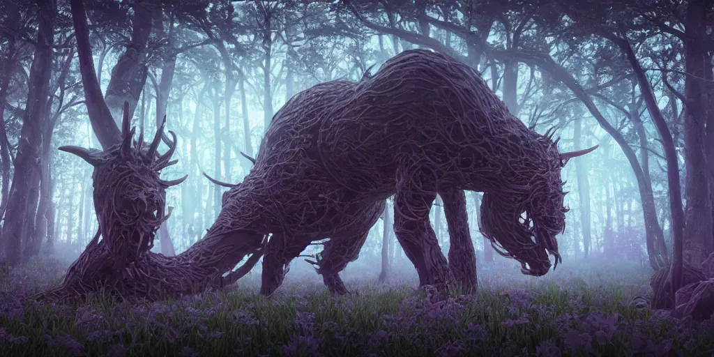 Image similar to a detailed 3 d render magical beast occult magick features in the style of beeple and ethnobotany and dark fantasy, 8 k, crisp, cg society, award winning art, dazzling, fascinating