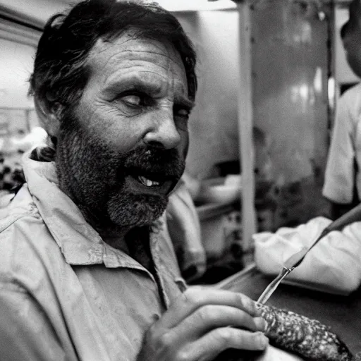 Image similar to closeup portrait baker constricted by a baguette as he tries to fight it back into the oven, by Steve McCurry and David Lazar, natural light, detailed face, CANON Eos C300, ƒ1.8, 35mm, 8K, medium-format print