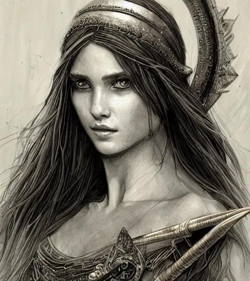 Prompt: beautiful aphrodite goddess wearing an arrow on her head, realistic face, beautiful eyes, black and white drawing, in the style of greg rutkowski, fantasy, amazing detail, epic, intricate, elegant, smooth, sharp focus