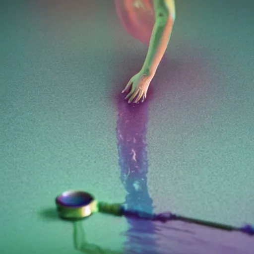 Prompt: close - up of iridiscent oil slick, wax with a woman's corpses connected by a transparent pipe to a baby buried relaxing on yoga mat, faded, gradient, fog, smoke, depth of field, blur, very detailed, glitch, by nadav kander and hans bellmer, 8 k hyper realistic detailed cinematic