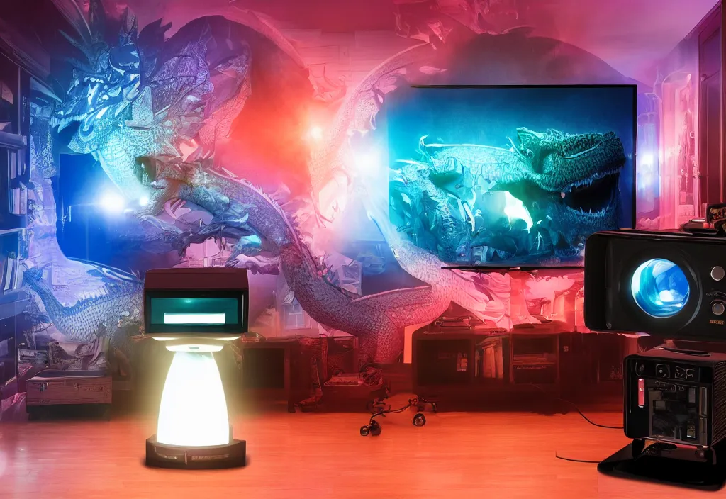 Image similar to 3 dtv dragon popping out of tv, volumetric lighting, bedroom, visor, users, pair of keycards on table, bokeh, creterion collection, shot on 7 0 mm, instax