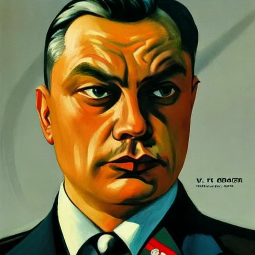 Image similar to highly detailed propaganda poster portrait of the leader of fascist hungary, viktor orban looking into the distance, oil pipes in the background, by edward hopper