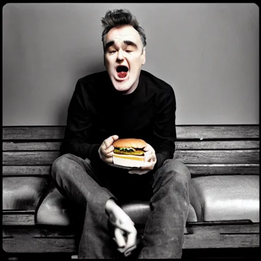 Image similar to “ morrissey eating a hamburger ”