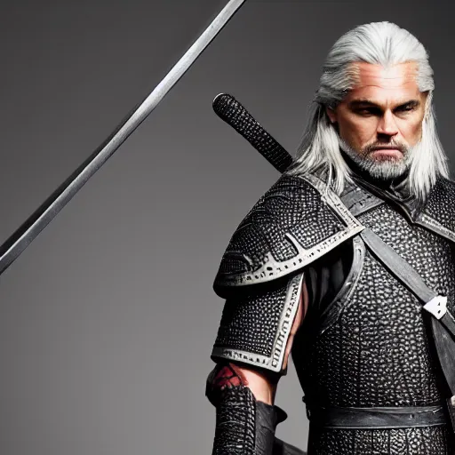 Image similar to Leonardo Dicaprio wearing Geralt of Rivia\'s armor, promo shoot, studio lighting