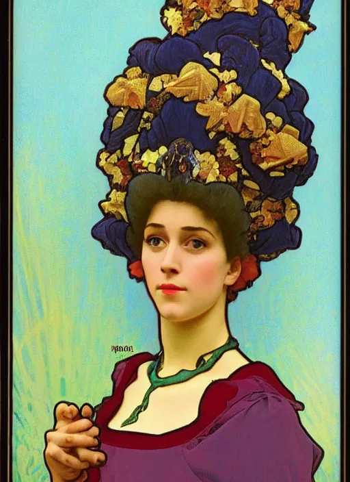 Prompt: Real life Marge Simpson, painted by Alphonse Mucha, highly detailed, 8k