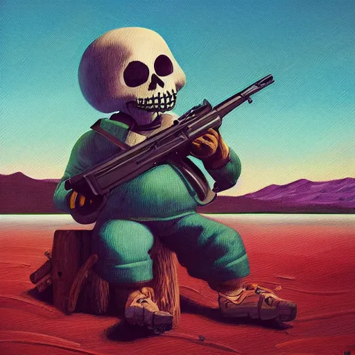 Image similar to very detailed and perfectly readable fine and soft relevant out of lines soft edges painting, manny calavera sitting with a rifle, in a cabin, on a lake, sunrise, grim fandango style,