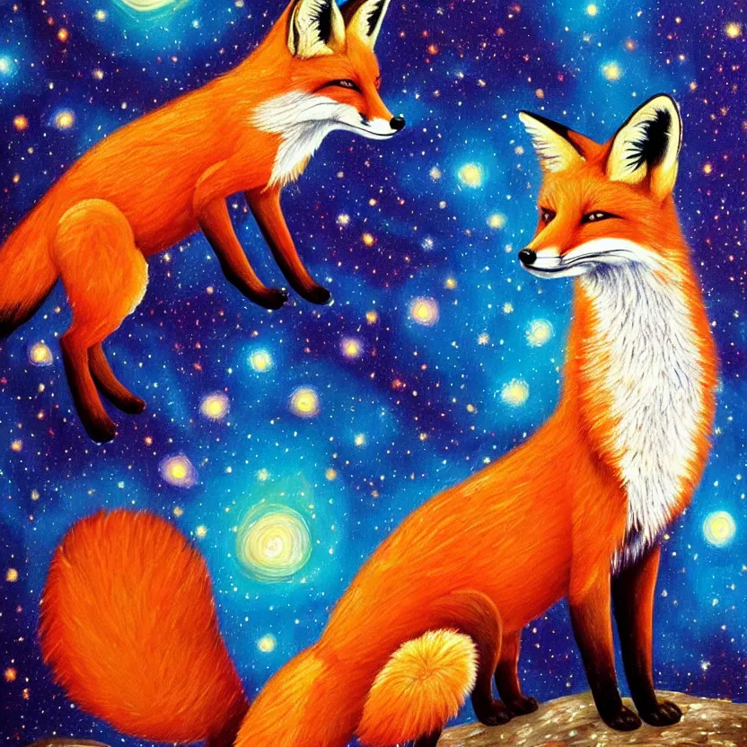 Image similar to a painting of a fox looking up at the colourful galaxy in the style of Starry Night, highly detailed, trending on artstation