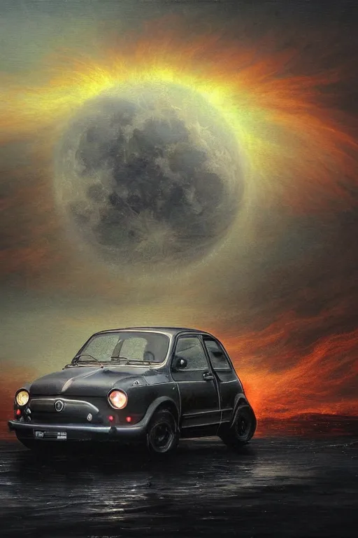 Image similar to Intricate stunning highly detailed Fiat 600R built in Argentina by agostino arrivabene and Vladimir Kush, surreal, digital painting, ultra realistic, Horror vacui, dramatic lighting, full moon, thick black swirling smoke tornado, burning fire embers, artstation