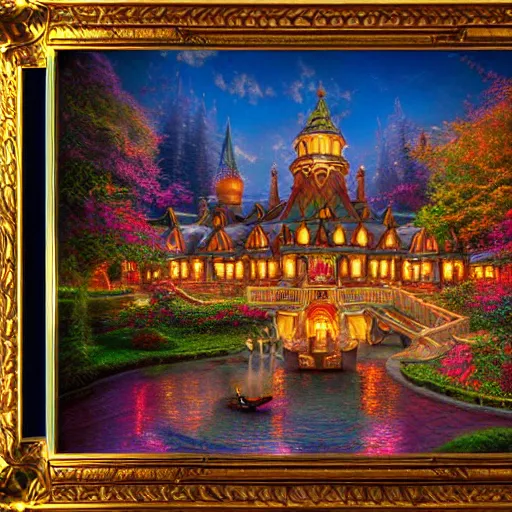 Prompt: intricate five star fantasia land by greg kutkowski and thomas kinkade, oil on canvas, hdr, high detail, photo realistic, hyperrealism, matte finish, high contrast, 3 d depth, centered, masterpiece, vivid and vibrant colors, enhanced light effect, enhanced eye detail, artstationhd