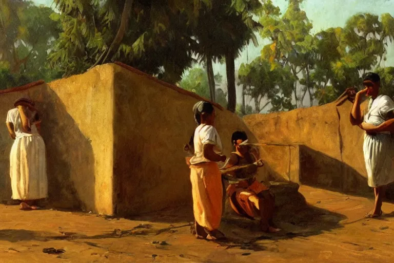 Prompt: Casimiroid native binding tools, genre painting (everyday life by portraying ordinary people), morning light, Archaic cuba, artstation, oil on canvas, by Albert Aublet, Private Collection