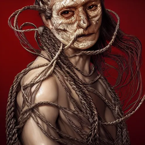 Image similar to portrait of a Shibari rope wrapped face and neck, headshot, insanely nice professional hair style, dramatic hair color, digital painting, of a old 15th century, old cyborg merchant, amber jewels, baroque, ornate clothing, scifi, realistic, hyperdetailed, chiaroscuro, concept art, art by Franz Hals and Jon Foster and Ayami Kojima and Amano and Karol Bak,