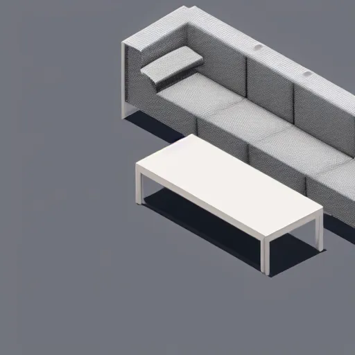 Prompt: 3d render of a corner section of a room, isometric, white background, couch and windows