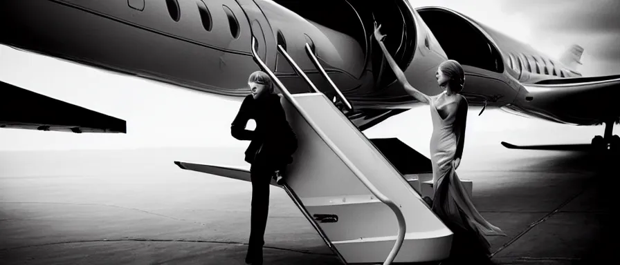 Prompt: Cinematography Taylor Swift kissing her private jet by Emmanuel Lubezky