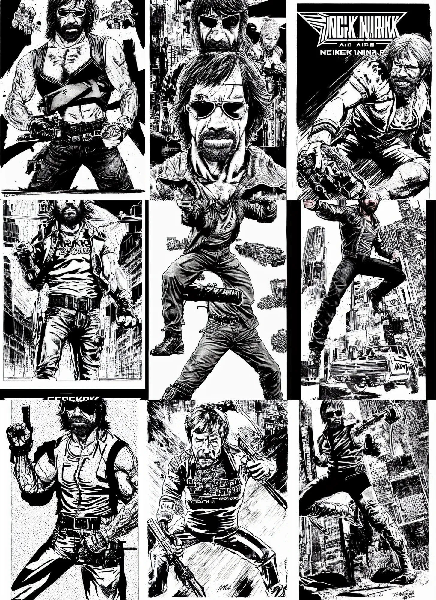 Prompt: chuck norris in a fighting stance, cyberpunk 2 0 2 0 manual, by steampoweredmikej, by tim bradstreet, inktober, ink drawing, black and white, coloring pages, manga, highly detailed