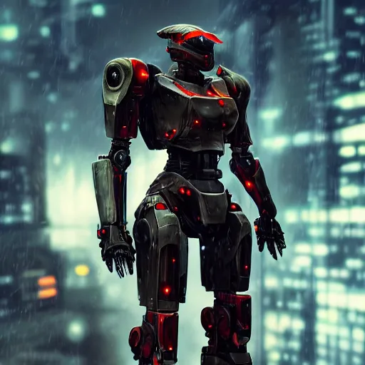 Image similar to An realistic epic fantastic comic book style portrait painting of a mecha warrior machine by WLOP, black and reddish color armor, cyberpunk feel raining at tokyo rooftop, Concept world Art, unreal 5, DAZ, hyperrealistic, octane render, cosplay, RPG portrait, dramatic lighting, rim lights