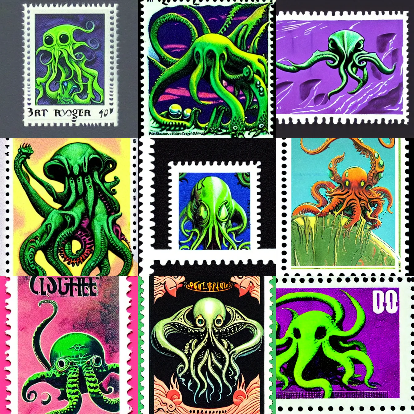 Prompt: art by roger dean. cute cthulhu stamp