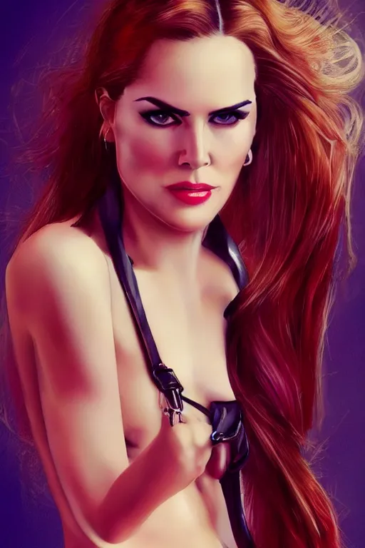 Image similar to mix of beautiful young maria shriver, mariel hemmingway, brooke shields, nicole kidman and elle macpherson as a dominatrix, thin lips, hair tied up in a pony tail, dark blonde hair, colorful, deviantart, artstation, cgsociety