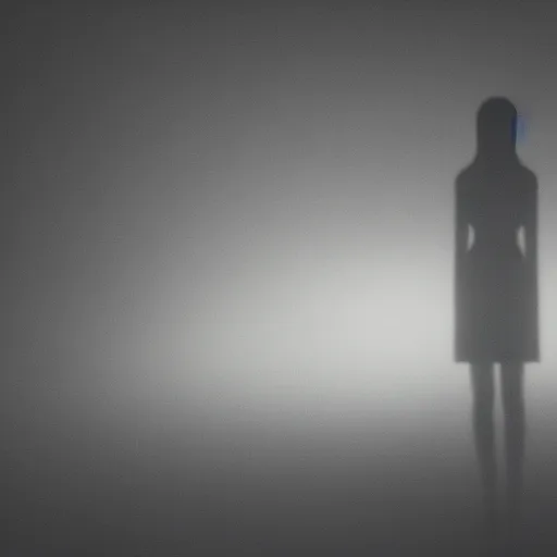 Image similar to dim lights shining through dark fog, emptiness, lonely female figure standing small, spooky found footage, dramatic contrast, psychedelic, trending on artstation