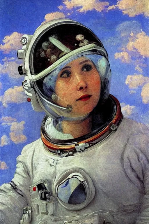 Prompt: close - up astronaut fat woman portrait airy flowers cloudy sky art by vasnetsov