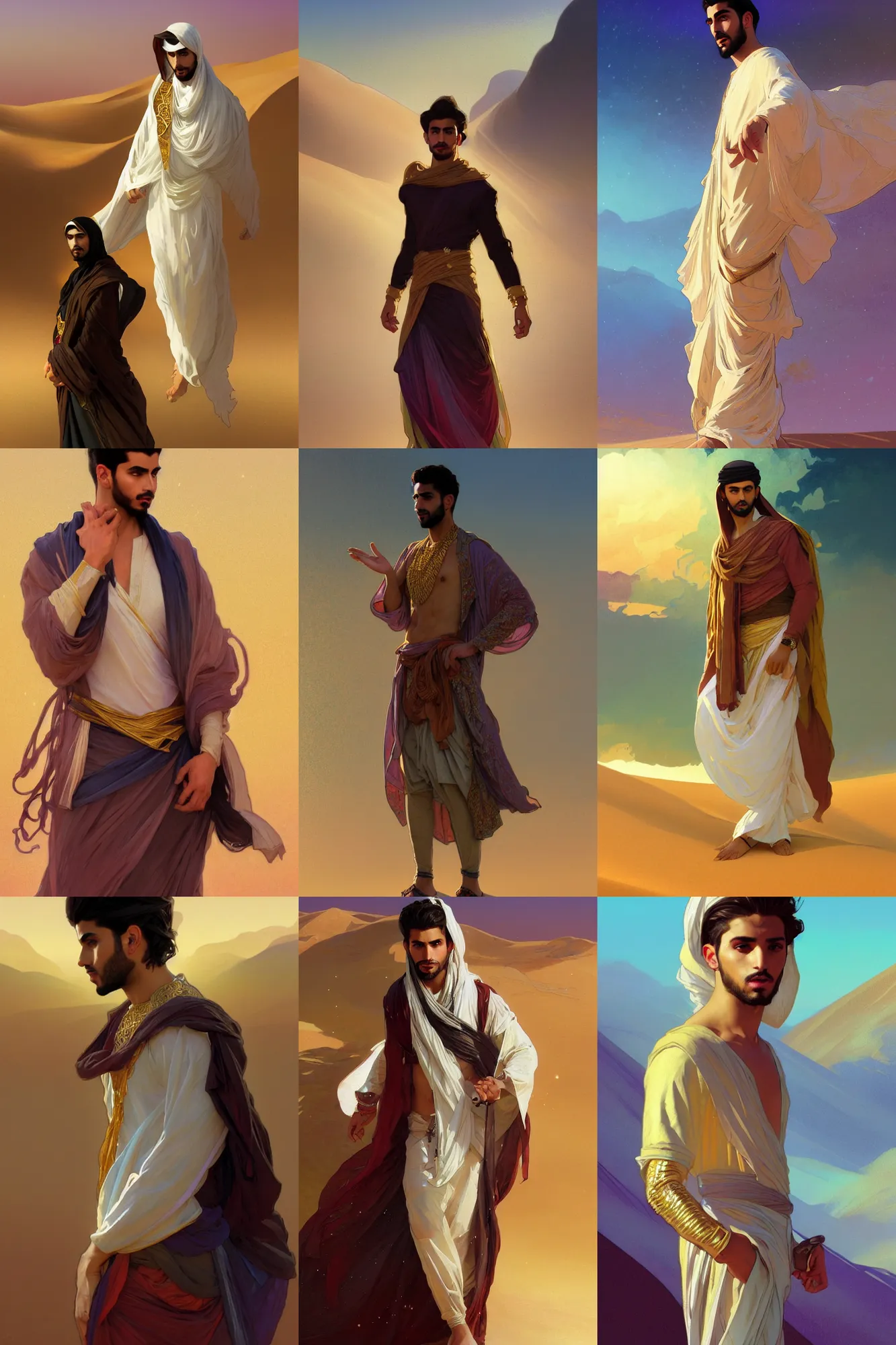 Prompt: full figure beautiful young fit arabic man, dressed with multicolored fluent clothes, luminous scene, by greg rutkowski and alphonse mucha, d & d character, gradient white to gold, in front of a dune desert background, highly detailed portrait, digital painting, artstation, concept art, smooth, sharp focus illustration, artstation hq