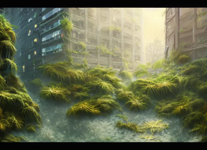 Image similar to overgrown foliage overtaking tall buildings, underwater environment, storefronts, sand, scenery, professional, award - winning, trending on artstation, hyper detailed, realistic, beautiful, emotional, shiny, golden, picture