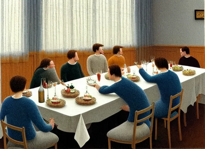 Image similar to a very boring dinner party, painting by quint buchholz, muted colors, gray, dull, boring, low energy, pale blue faces, very detailed