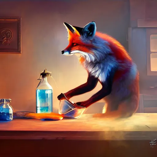 Image similar to a fox mixing chemicals in a kitchen, portrait, fantasy, beautiful face, vivid colors, elegant, concept art, sharp focus, digital art, Hyper-realistic, 4K, Unreal Engine, Highly Detailed, HD, Dramatic Lighting by Brom, trending on Artstation