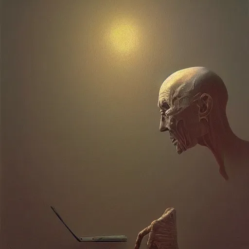 Prompt: human laptop HD photo 3d 8k resolution, Portrait by Zdzislaw Beksinski and Jeffrey Smith, oil on canvas