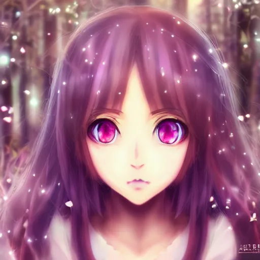 Image similar to 3d portrait of an adorable anime girl with long hair, looking partly to the left, blue shining eyes, light makeup, light pink lipstick, purple eyeliner, bokeh effect with forest background, 4k, highly detailed, anime art style, soft brushes