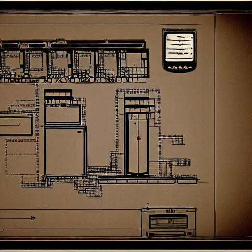 Image similar to old blueprint of gaming computer,high deatil,computer art,concept art