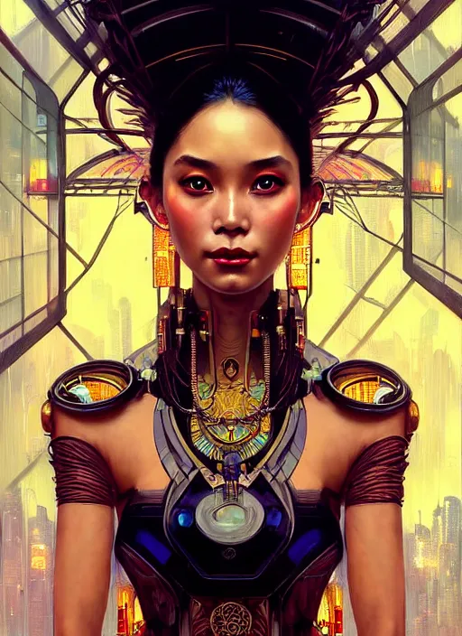 Prompt: portrait of a beautiful cyberpunk balinese woman, beautiful symmetrical face, fantasy, regal, by stanley artgerm lau, greg rutkowski, thomas kindkade, alphonse mucha, loish, norman rockwell.