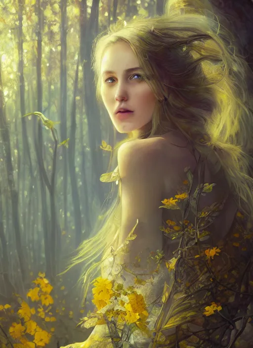 Image similar to intricate oil painting portrait by Anna Dittmann depicting a stunning female fantasy cleric in a bright temple surrounded by yellow spring forest and dead trees, evening, atmospheric lighting, intricate detail, cgsociety, hyperrealistic, octane render, RPG portrait, ambient light, dynamic lighting