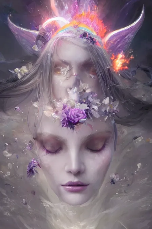 Prompt: face closeup of extremely beautiful girl necromancer, magical fairy exploding into flowers and ice, angels, 3 d render, hyper - realistic detailed portrait, holding fire and electricity rainbow, ruan jia, wlop. scifi, fantasy, magic the gathering, hyper detailed, octane render, concept art, peter mohrbacher