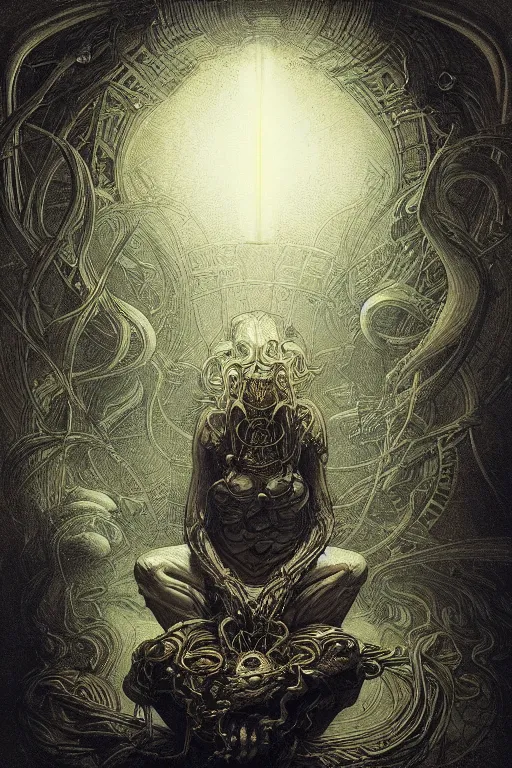 Prompt: Low angle, Glowing Ornate open box in sitting on the floor of a dark room emanating depression, repression, narcissistic terror, smoke, horror, agony, anger, jealousy and pain, dramatic lighting, peter mohrbacher, gustave dore, moebius, h.r. giger,