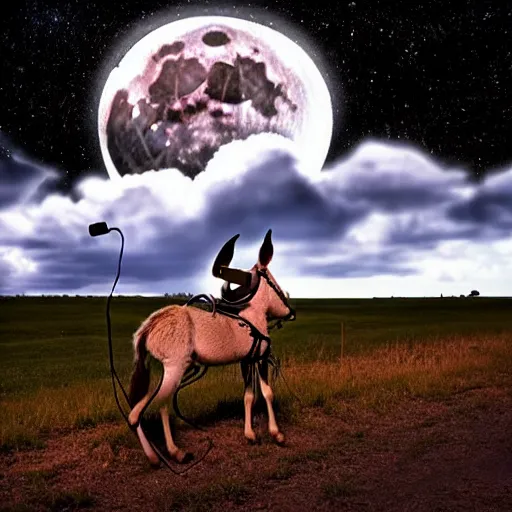 Image similar to a mule with headphones on, under awesome moon lit clouds, stunning photograph, from the point of view of an ant