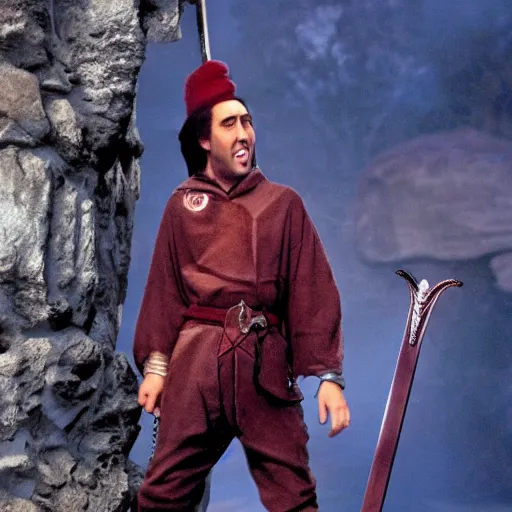 Image similar to nic cage in the sword in the stone, disney,