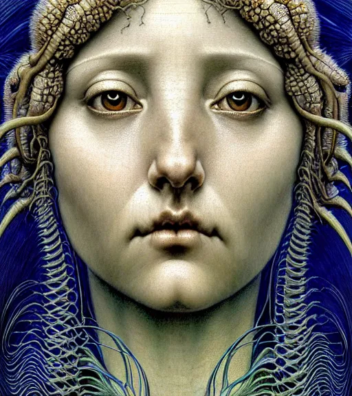 Image similar to detailed realistic beautiful cicada goddess face portrait by jean delville, gustave dore, iris van herpen and marco mazzoni, art forms of nature by ernst haeckel, art nouveau, symbolist, visionary, gothic, neo - gothic, pre - raphaelite, fractal lace, intricate alien botanicals, ai biodiversity, surreality, hyperdetailed ultrasharp octane render