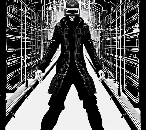 Image similar to a black and white illustration of a cyberpunk netrunner, street level, in the style of (Escher), 4k, 8k, HD, trending on artstation