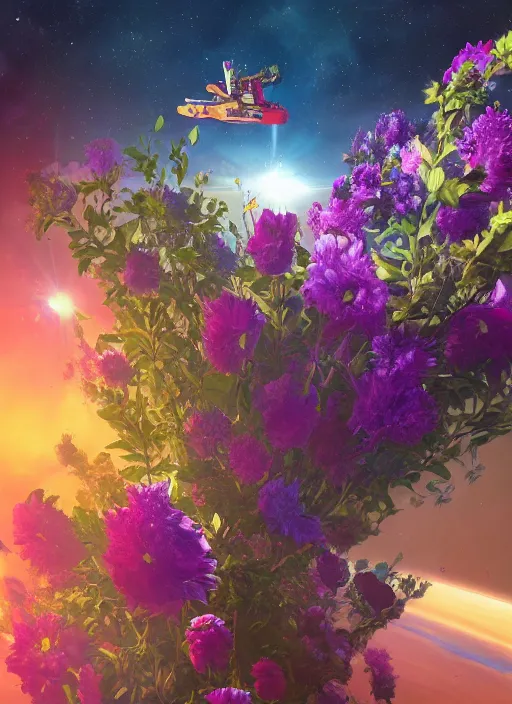 Prompt: An epic fantastic realism comic book style painting of the most beautiful flowers launched into space, bouquets, fisheye lens, unreal 5, DAZ, hyperrealistic, stars across the cosmos, octane render, dynamic lighting