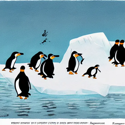 Image similar to s. gross new yorker cartoon of penguins on an iceberg