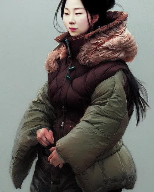 Image similar to a beautiful chinese woman in down jacket ， a goose ， winer ， wenjun lin intricate, elegant, highly detailed, digital painting, artstation, concept art, matte, sharp focus, illustration, hearthstone, art by artgerm and greg rutkowski and alphonse mucha