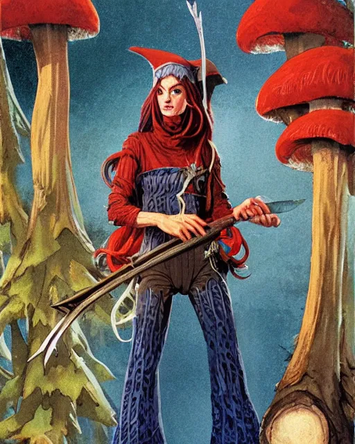 Prompt: moonshine cybin, epic level dnd wood elf spore druidess, wielding a magical sword, wearing magical overalls. covered in various fungi. full character concept art, realistic, high detail digital gouache painting by angus mcbride and michael whelan and jeffrey jones.