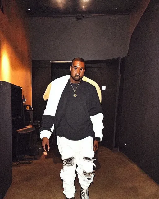Prompt: a leaked photo of Kanye West wearing all black clothes on a music studio working on his new album, snapchat, iphone, bad lighting in the studio