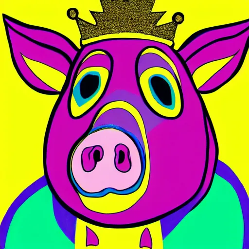 Prompt: illustration pig wearing a simple gold crown in the style of peter max