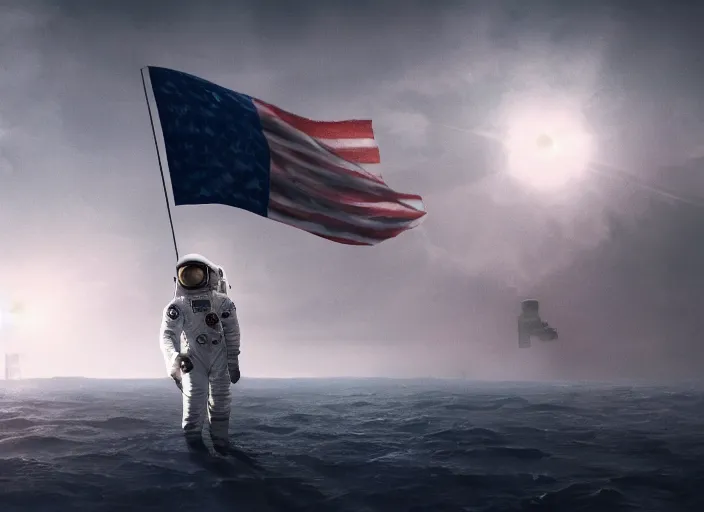 Image similar to astronaut holding a flag in an underwater desert. a submarine is visible in the distance. dark, concept art, cinematic, dramatic, atmospheric, 8 k, trending on artstation, low visibility, fog, ocean floor, christopher nolan, interstellar