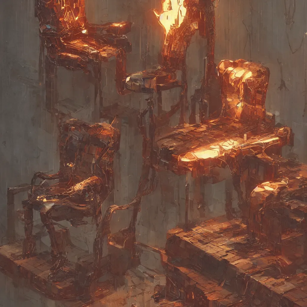 Image similar to cyber punk cat character laying, wood carved chair, super powers, concept art, by greg rutkowski, old copper pipes, complementing colors