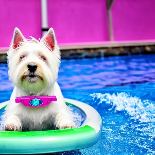 Prompt: a west highland terrier on a water slide wearing a pink collar, green sunglasses, and a blue hat. realistic image, set in space