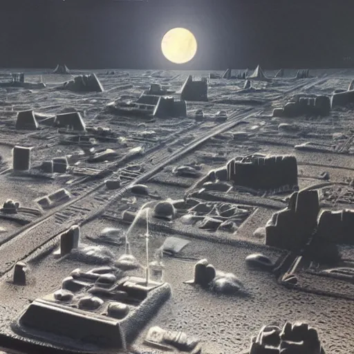 Prompt: future city, moon, lunar soil, russian city, by lehr, paul