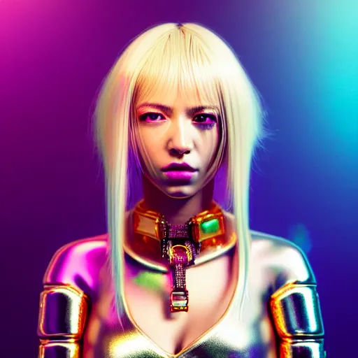 Image similar to hyperdetailed portrait of a stunningly beautiful cyberpunk cutie european girl with blonde hair guard made of iridescent metals and shiny pink gems, bright rainbow nimbus, gold necklace, gold background inspired by ross tran and masamune shirow and kuvshinov, intricate, photorealistic, octane render, rtx, hdr, unreal engine, dnd digital art by artgerm