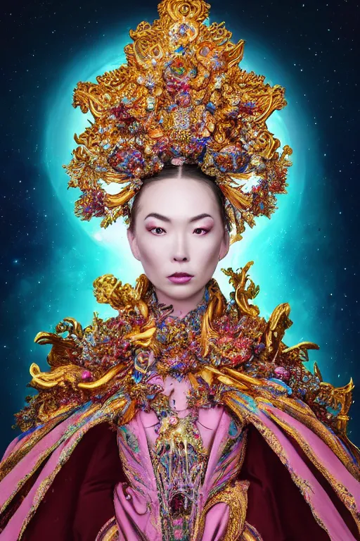 Image similar to a beautiful empress portrait, singular subject, with a brilliant, impossible striking big cosmic galaxy headpiece, clothes entirely made out of cosmos chaos energy, symmetrical, dramatic studio lighting, rococo, baroque, jewels, asian, hyperrealism, closeup, D&D, fantasy, intricate, elegant, highly detailed, digital painting, artstation, octane render, 8k, concept art, matte, sharp focus, illustration, art by Artgerm and Greg Rutkowski and Alphonse Mucha